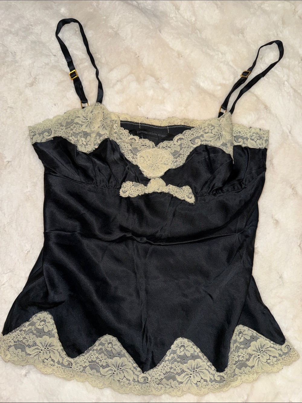 Express Black Silk Cami with Cream Lace Trim